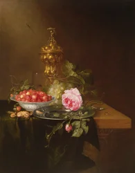 Stillleben mit einer Schale Erdbeeren und einer Rose, 1652